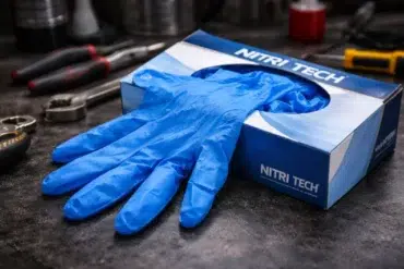 Blue nitrile disposable gloves partially pulled from a Nitri Tech glove box, resting on a dark workbench with hand tools in the background.