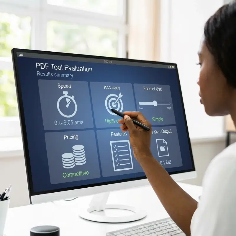 A person using a stylus to interact with PDF evaluation software on a large monitor. The screen displays ratings for speed, accuracy, ease of use, and features.
