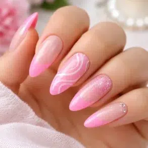Pink French Tip Nails with a sheer blush base and glossy soft pink tips in 25 trendy design variations.