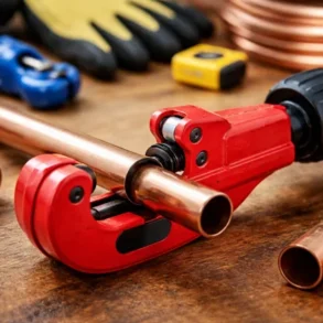 Pipe Tube Cutters making a clean, straight cut on a copper pipe under a kitchen sink.
