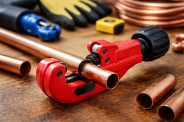 Pipe Tube Cutters making a clean, straight cut on a copper pipe under a kitchen sink.