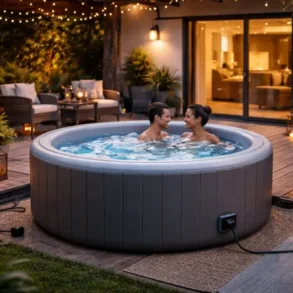 Plug And Play Hot Tubs installed on a patio with insulated cover and steps
