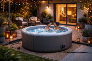 Plug And Play Hot Tubs installed on a patio with insulated cover and steps