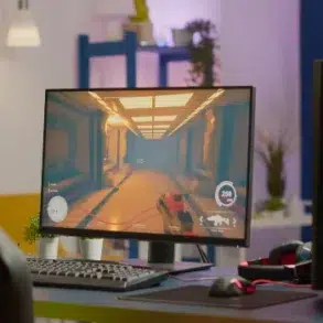 A gaming setup with a glowing desktop PC tower and monitor displaying a first-person shooter game. The room is brightly lit and stylishly decorated.