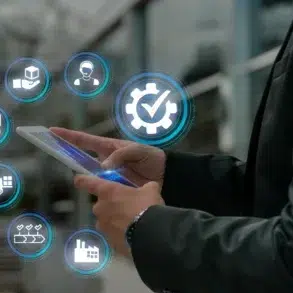 A person in a suit uses a smartphone, surrounded by glowing digital icons related to supply chain management, like gears and delivery trucks, symbolizing efficiency.
