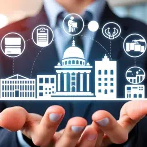 A person in a suit holds an illustrated cityscape and icons representing various sectors like healthcare, education, and business, symbolizing innovation and integration.