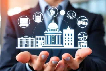 A person in a suit holds an illustrated cityscape and icons representing various sectors like healthcare, education, and business, symbolizing innovation and integration.