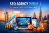 Graphic promoting an SEO agency in Dubai. Features Dubai skyline, charts, and a laptop displaying traffic growth. Keywords: SEO, visibility, digital growth.
