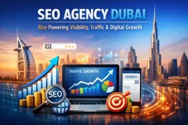Graphic promoting an SEO agency in Dubai. Features Dubai skyline, charts, and a laptop displaying traffic growth. Keywords: SEO, visibility, digital growth.