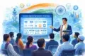 A diverse group listens to a man presenting "Scaled Agile Framework Training" on a large screen, with an Indian flag-themed backdrop and digital icons.