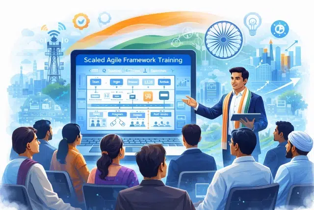 A diverse group listens to a man presenting "Scaled Agile Framework Training" on a large screen, with an Indian flag-themed backdrop and digital icons.