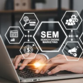 A person types on a laptop with floating hexagonal icons representing SEM concepts, like analytics and advertising. The mood is professional and focused.