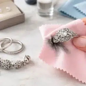 Silver Polishing Cloth restoring shine on tarnished silver jewelry at home