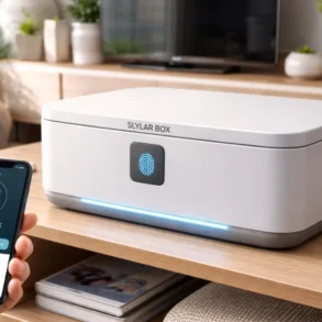Slylar Box smart storage device concept with app control, secure access, sensors, and modern home tech setup