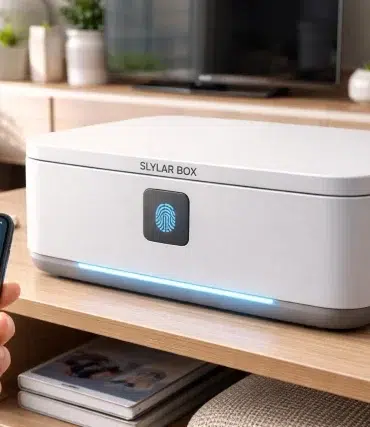 Slylar Box smart storage device concept with app control, secure access, sensors, and modern home tech setup