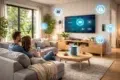 A couple sits on a sofa in a modern living room, using a smartphone to control a smart home security system displayed on a TV. The room is bright and cozy, with interconnected security icons floating in the air, suggesting a safe, high-tech environment.