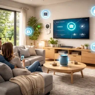 A couple sits on a sofa in a modern living room, using a smartphone to control a smart home security system displayed on a TV. The room is bright and cozy, with interconnected security icons floating in the air, suggesting a safe, high-tech environment.