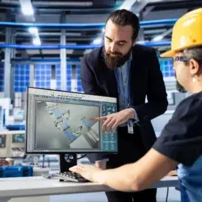 A team collaborates in a modern workspace, discussing a design displayed on a computer screen while one member takes notes.