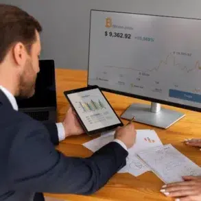 A man in a suit reviews Bitcoin prices on a tablet, pointing to charts. A computer screen shows a rising trend. Papers with graphs are on the table.