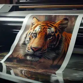 A vibrant printed image of a tiger emerging from a professional inkjet printer, showcasing intricate details and colors.
