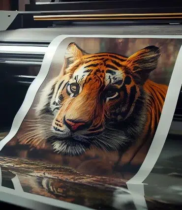 A vibrant printed image of a tiger emerging from a professional inkjet printer, showcasing intricate details and colors.