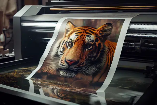A vibrant printed image of a tiger emerging from a professional inkjet printer, showcasing intricate details and colors.
