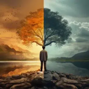 A person stands facing a split landscape. The left side is warm, with an orange sky and autumn tree. The right is cool, with a stormy sky and green tree.