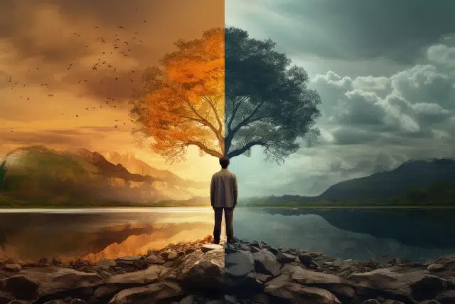 A person stands facing a split landscape. The left side is warm, with an orange sky and autumn tree. The right is cool, with a stormy sky and green tree.