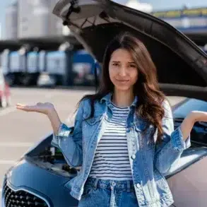 A woman stands confused with outstretched arms in front of a car with an open hood in a parking lot, expressing uncertainty about car trouble.