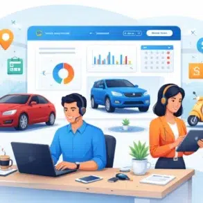 Busy office with a smiling man and woman using laptops and tablets. Charts, cars, and scooters in the background suggest a sales or rental business.