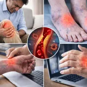 A collage showing a person experiencing joint pain in the knee, wrist, and feet, with a graphic of blood vessels and inflammation in the center.