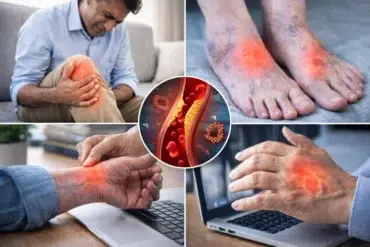 A collage showing a person experiencing joint pain in the knee, wrist, and feet, with a graphic of blood vessels and inflammation in the center.