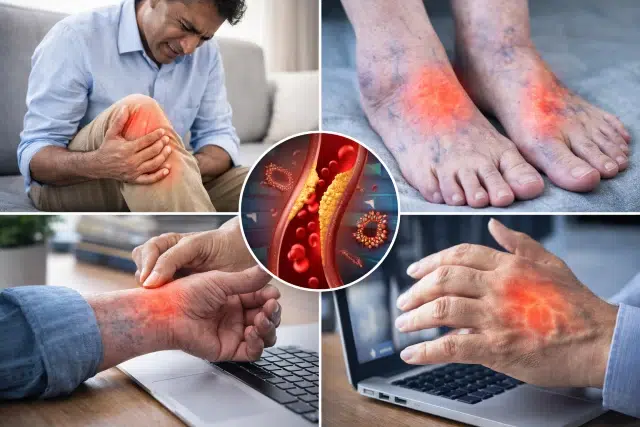 A collage showing a person experiencing joint pain in the knee, wrist, and feet, with a graphic of blood vessels and inflammation in the center.