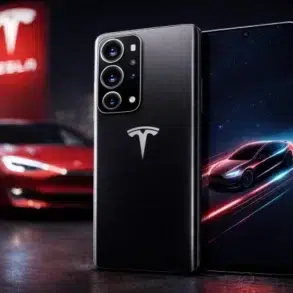 A sleek smartphone with a Tesla logo is in the foreground, displaying a car image. In the background, a red Tesla car and a branded sign are visible, conveying a futuristic tone.