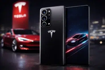 A sleek smartphone with a Tesla logo is in the foreground, displaying a car image. In the background, a red Tesla car and a branded sign are visible, conveying a futuristic tone.