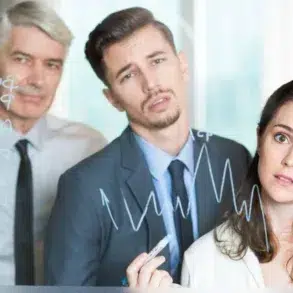 Three people in business attire look concerned while staring at a glass wall with financial graphs and notes. The atmosphere is tense and focused.