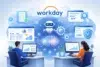 Two people sit at desks with computers, surrounded by floating screens, graphs, and a friendly AI robot. The "Workday" logo is prominent above.