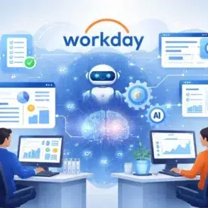 Two people sit at desks with computers, surrounded by floating screens, graphs, and a friendly AI robot. The "Workday" logo is prominent above.
