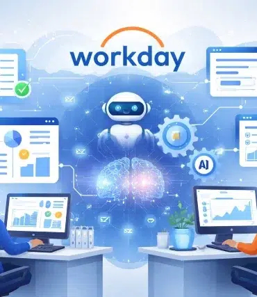 Two people sit at desks with computers, surrounded by floating screens, graphs, and a friendly AI robot. The "Workday" logo is prominent above.