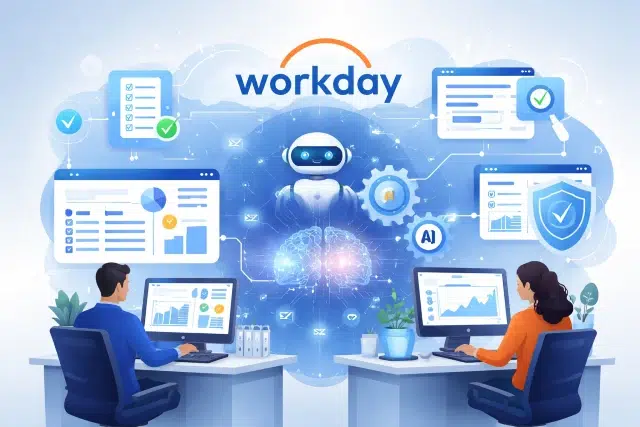 Two people sit at desks with computers, surrounded by floating screens, graphs, and a friendly AI robot. The "Workday" logo is prominent above.
