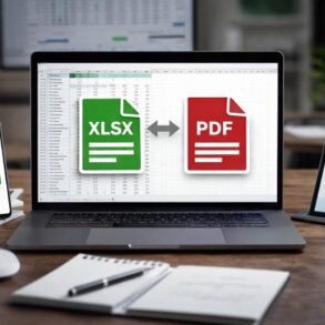 A laptop displaying a conversion from XLSX to PDF, flanked by a smartphone and tablet showing documents. A workspace backdrop is visible.