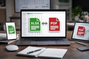 A laptop displaying a conversion from XLSX to PDF, flanked by a smartphone and tablet showing documents. A workspace backdrop is visible.