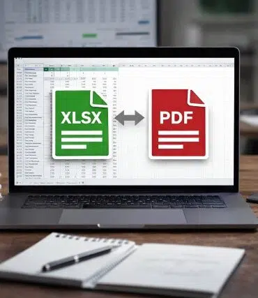 A laptop displaying a conversion from XLSX to PDF, flanked by a smartphone and tablet showing documents. A workspace backdrop is visible.