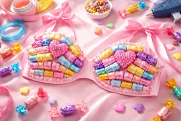 Candy bra made with colorful wrapped candies arranged in a cute pattern for a party outfit and photoshoot