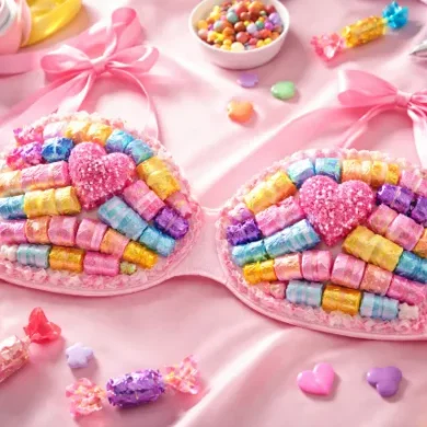 Candy bra made with colorful wrapped candies arranged in a cute pattern for a party outfit and photoshoot