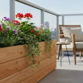 cedar planter box on a small balcony with flowers and herbs