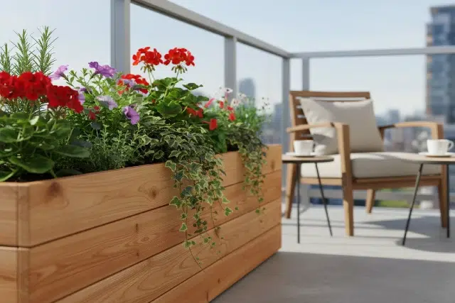 cedar planter box on a small balcony with flowers and herbs