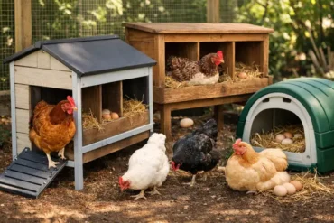 Best Chook Nesting Boxes for backyard poultry keepers, showing hens using wooden, metal, and plastic nesting boxes with eggs in straw.
