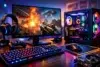 Eurogamersonline.com PC Gaming beginner setup showing a gaming PC, monitor, keyboard, mouse, and recommended settings menu