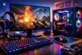Eurogamersonline.com PC Gaming beginner setup showing a gaming PC, monitor, keyboard, mouse, and recommended settings menu